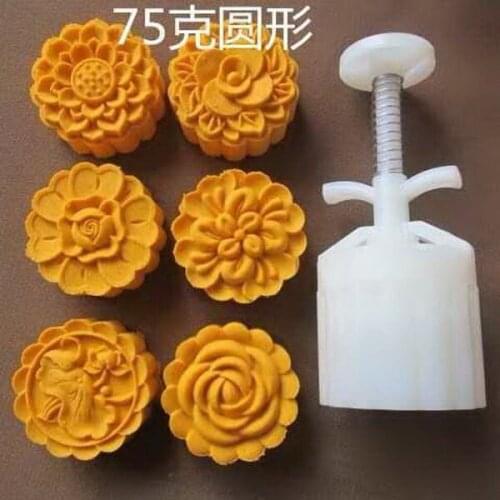 75g Chinese round shape flower design Mooncake mung bean cake Molds mould with 6 Stamps plastic hand pressure , 50sets/lot