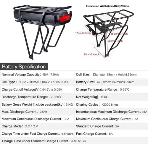 E-bike Luggage Rack Lithium Battery 48V 17.5Ah Electric Bicycle With Rack Lock Tail Light USB Connector Ebike Powerful Battery