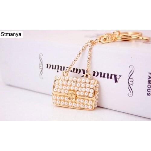 Bag Key chains - Hot Sale New Women Pearl Bag chain KeyChains Key Ring For Women Car KeyRings KeyChains Weddign Gift K1576