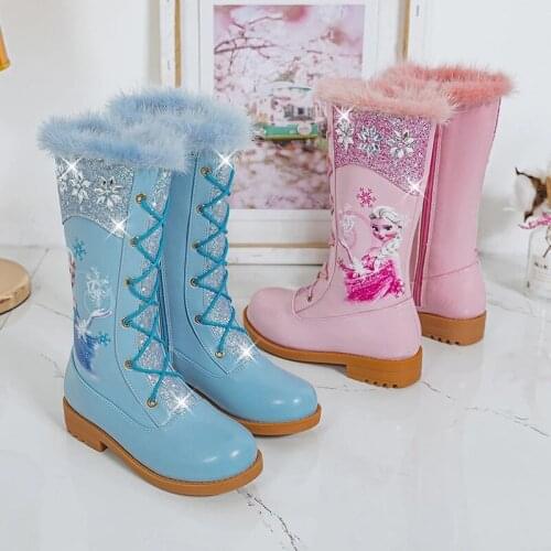 Disney childrens cartoon frozen princess girl plus velvet thick crystal sequin high boots cotton boots high heel leather boots