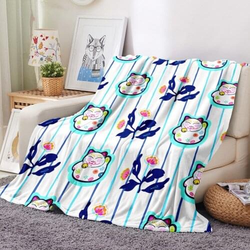 Lucky Cat/Flowers 3D Print Flannel Blanket Cartoon Fleece Blanket Picnic Airplane Fluffy Blanket Home Textile Throw Blanket