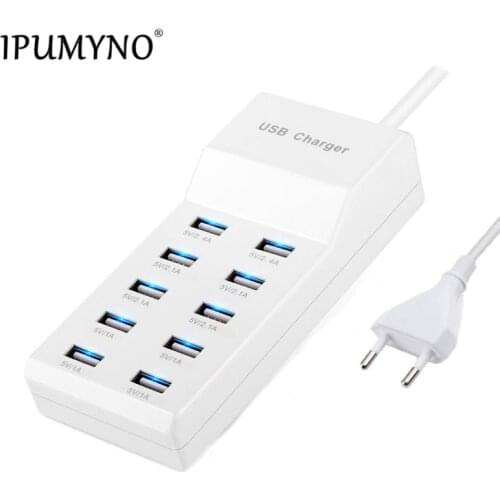 IPUMYNO 10 Port US/EU/UK Plug Multiple Wall USB Charger Smart Adapter Mobile Phone Tablet Charging Device for Smartphone Tablets