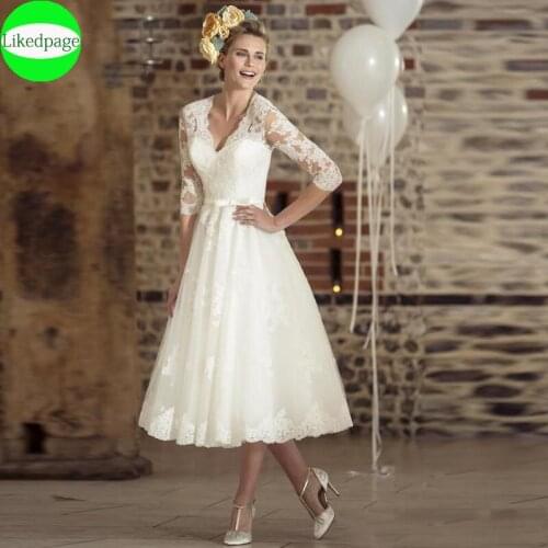 Short Wedding Dress 2021 3/4 Sleeve Vestido De Fiesta De Boda Vintage Lace Appliques Party Bride Gown Mariage Novia With Bow