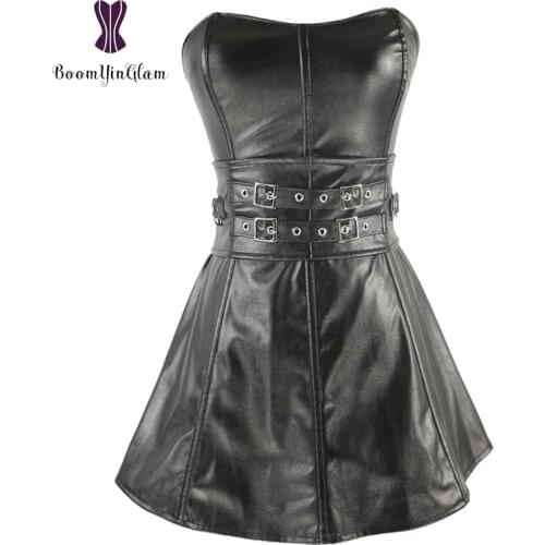High quality body shaperwear faux leather overbust corselet women bustier culbwear dress zip back corset with waist belts 9003