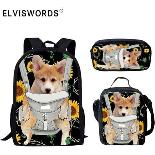 ELVISWORDS Fashion School Bags for Kids Girls Boys Animal Corgi Baby Black Children School Backpack Casual Book Bags Mochila