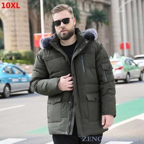 Mens plus size plus size fur collar black 10XL mid-length down jacket for warmth winter jacket 10XL 9XL 8XL puffer jacket