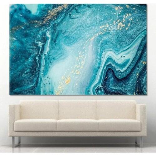 Abstract Blue Ocean Gold Glitter Artwork Canvas Painting Modern Ocean Posters and Prints Wall Art Pictures Home Decor Cuadros