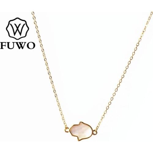FUWO Natural White Shell Hamsa Hand Necklace With Gold Trimmed High Quality Brass Chain Seashell Jewelry Wholesale NC515
