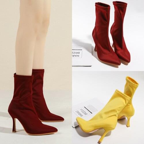 2022 New Women Ankle Boots Pointed Toe Stretch Boots Women Heels Stiletto Autumn Boots 5 Colour Short Boots Ladies Botas Mujer