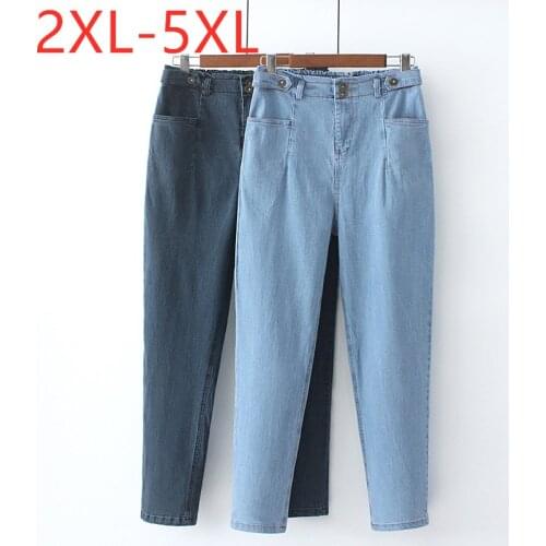 New 2021 Ladies Spring Summer Plus Size Long Jeans For Women Large Slim Cotton Elastic Pocket Blue Denim Trousers 3XL 4XL 5XL