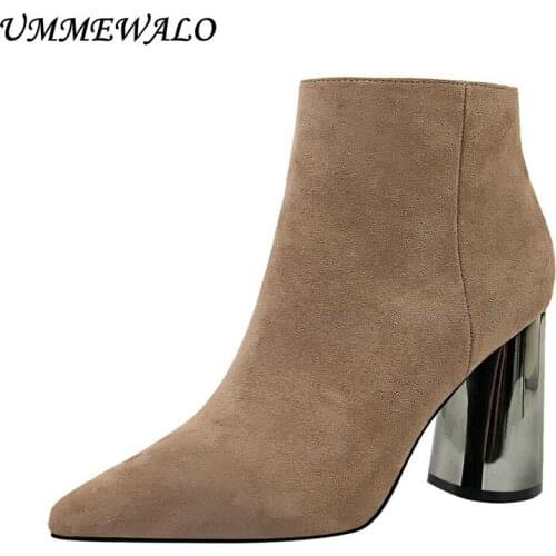 UMMEWALO Ankle Length Flock Boots Women Fashion Pointed Toe High Heel Shoes Winter Ankle Boots Ladies Shoes