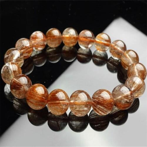 11mm Natural Copper Hair Rutilated Quartz Crystal Round Bead Women Femme Stretch Charm Bracelet Just One