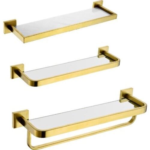 304 Stainless Steel Bathroom Accessories 30cm Glass Shelf Bathroom Organizer Brushed Gold Corner Storage Holder Shelves