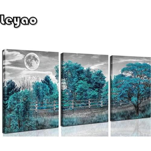 5d Diamond Painting Natural Moon Landscape Blue Tree Triptych Picture Diamond Mosaic Cross Stitch Home Decor Full Square Drill