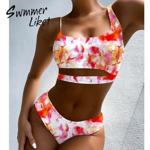 Bandeau bikinis 2020 mujer Tie-dye swimwear female Hollow out bikini Vintage swimsuit women Sport bathing suit summer beach wear