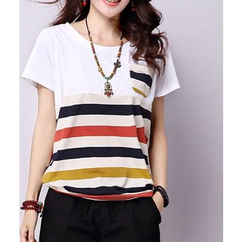 3XL Plus Size Blouse Womens Summer Loose Striped Printed Shirts Casual Loose O-neck Short-sleeved Pullover Top bluzki damskie