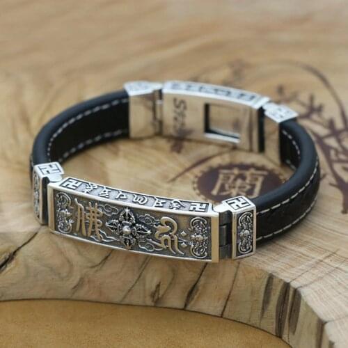 100% 925 Sterling Silver Men Bracelet Fine Leather Buddhist Vajra Symbol Bracelet Pure Silver Tibetan Six Words Bracelet Jewelry