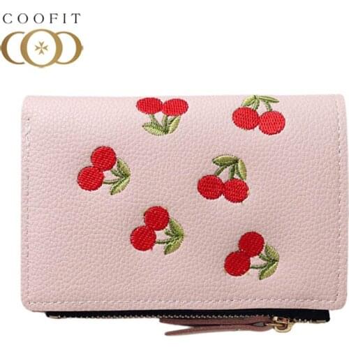 Coofit Cherry Wallet Girls Fashionable Cherry Embroidery Purse Womens Wallet Female Lady Small Fresh Color Bifold Purse portfel
