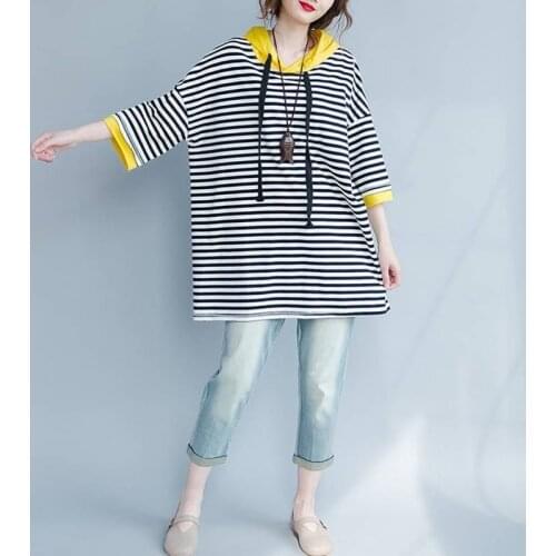 T-shirt Womens Hooded T-shirt Stripe Loose Top Korean Casual Short Sleeve Tops Womens T-shirts With Short Sleeve Hoodie