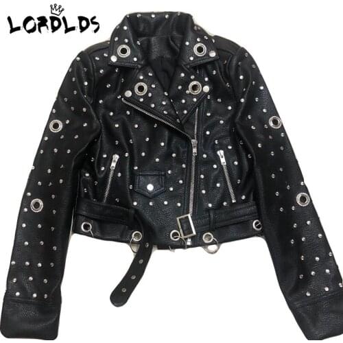 LORDLDS Black Faux Leather Cropped Jacket Women Studded Biker Moto Coats Streetwear Outfit for Woman
