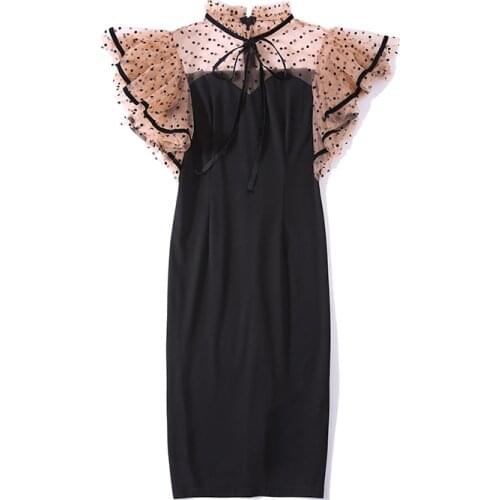 Summer Pencil Dress Women Vintage Office Mesh Sheer Bow Ruffles Sleeve Mini Dress Female Cocktail Party Black Polka Dot Dress