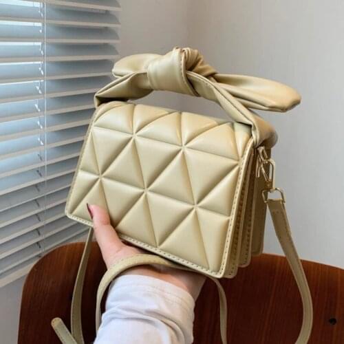 Lattice Small PU Leather Crossbody Bag for Women 2021 Summer Lady Branded Trending Shoulder Handbags and Purses with Bow Handle