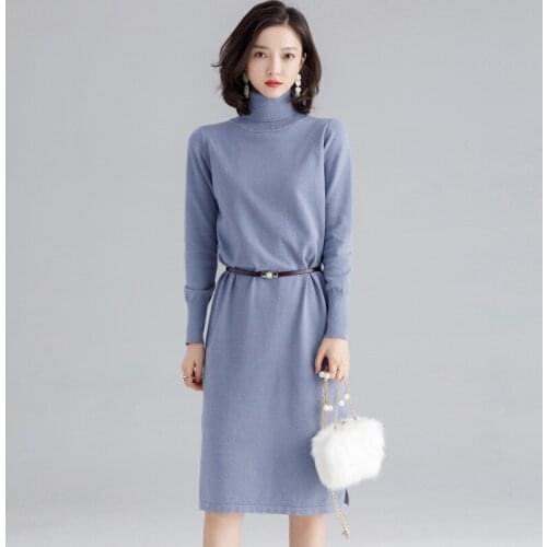 Fashion womens wear outside wearing knit dress autumn new loose thin hooded high collar wild sweater dress bottoming shirt