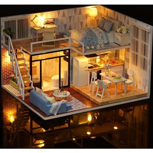 DIY Miniature 3D Toy Doll House Furniture Model Kit Wooden Dollhouse For Children Birthday Gift CUTE ROOM Casa Blue Times