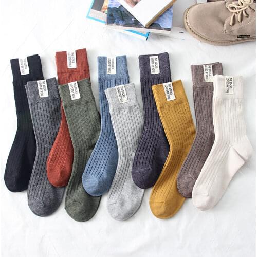 Fashion Cotton Knitted Womens Socks Solid Harajuku Vintage Streetwear Long Sock Japan Style Kawaii Cute Crew Sock Autumn Winter