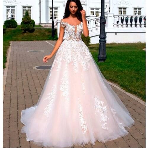 Off the Shoulder Wedding Dresses A-Line Illusion Tulle Appliques Bridal Gowns Floor Length V-Back