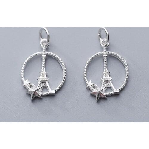 Simple 925 Sterling Silver Eiffel Tower Circle Charms 14.5mm Handcraft Ornament Silver Pendants DIY Jewelry Making Accessories