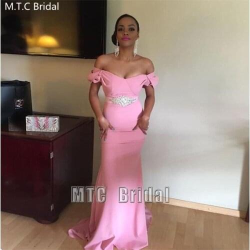 Pink Mermaid Long Evening Dress With Crystal Belt Off The Shoulder Satin African Girl Wedding Party Dresses Plus Size Prom Gown