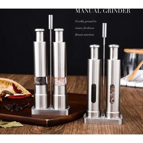 Manual Salt and Pepper Grinder Set Thumb Push Pepper Mill Stainless Steel Spice Sauce Grinders With Metal Holder Kitchen Tool