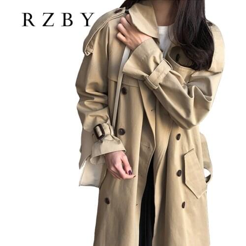 RZBY 2020 Fashion Spring/Autumn Casual Double breasted women Simple Classic Long Trench coat with belt Chic Female windbreaker
