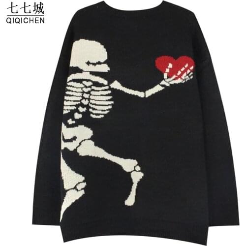 Hip Hop Skeleton Knitting Sweater Men Women Oversized Retro Bone Heart Pullover Winter Warm Street Harajuku Soft Sweater Unisex