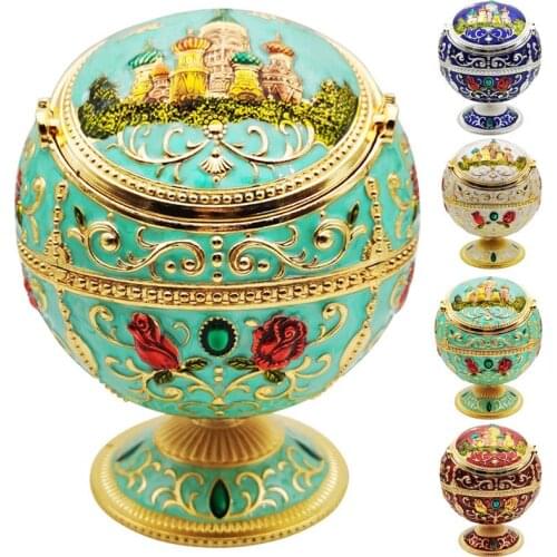 Creative Windproof Ashtray Vintage Zinc Alloy Flower Pattern Globe Cigarette Ashtray Lid Tabletop Portable Home Decor Ash Tray
