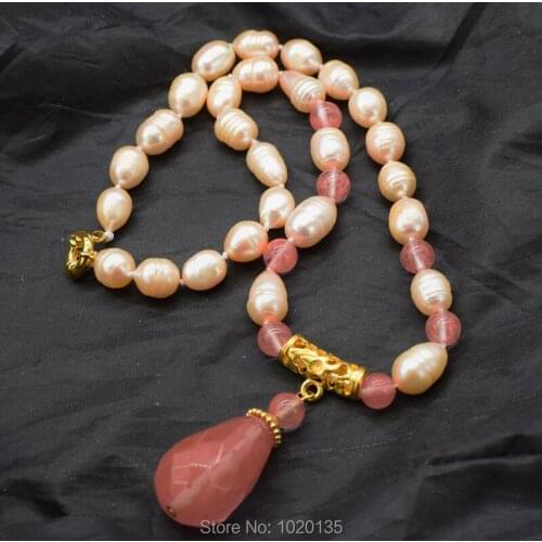 Wow! watermelon QUARTZ red DROP faceted 20*30mm freshwater pearl rice pink pendant necklace 18" FPPJ wholesale for woman gift