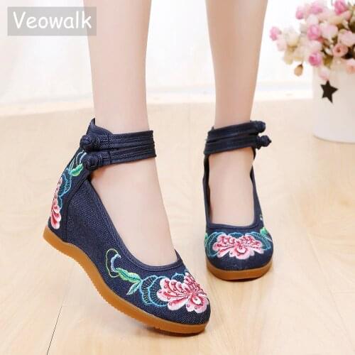 Veowalk Hidden 5cm Med Heels Womens Canvas Embroidered Pumps High Top Ankle Strap Ladies Casual Wedged Shoes Soft Comfort