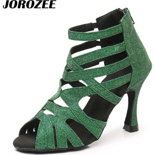 JOROZEE Women Latin Dance Shoes Green Glitter Salsa Squre Ballroom Dancing Shoes Cuba High heel 9cm Flash Soft Outsole