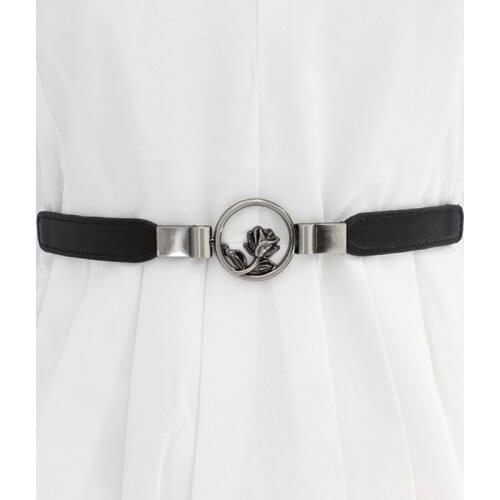 Women Belt Retro Concise All-match PU Leather High-elastic Flower Decoration Buckle Belt For Dress