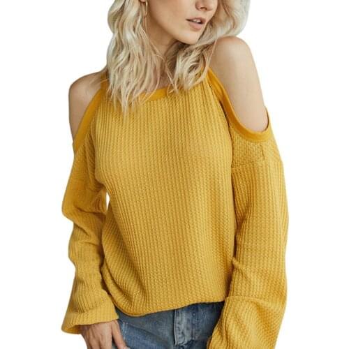 Women Lantern Sleeve Waffle Knit Sweater Halter Neck Cold Shoulder Jumper Tops A0NF