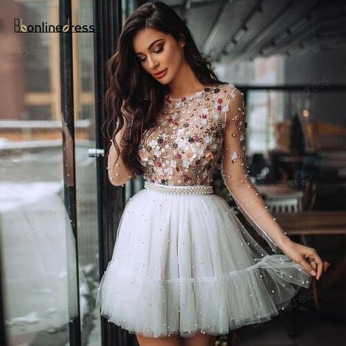 Elegant Homecoming Dress Crystal Beaded White Short Party Dress O-Neck Long Sleeves Sparkly Graduation Dresses vestido de festa