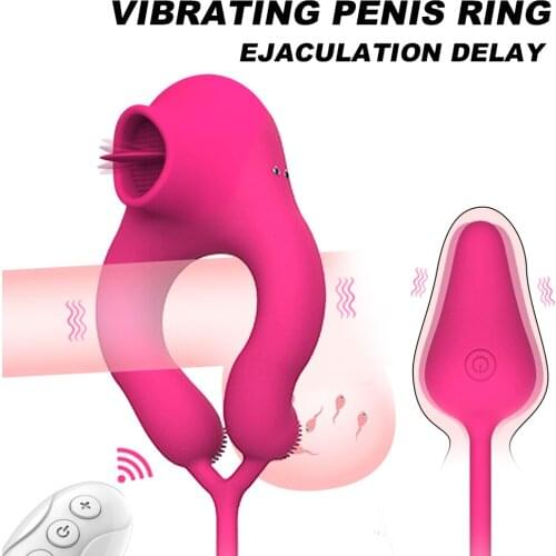 4 Motors Vibrating Penis Ring Tongue Licking Clitoral Stimulation Cock Ring Anal Plug Vibrator Wireless Remote Control Sex Toys