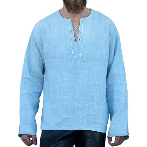 Men Long Sleeve T-Shirts Solid Color Lace up V Neck Spring Autumn Cotton Linen T-Shirt Loose Top Plus Size футболка 4XL