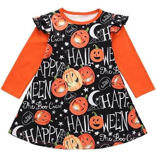 2020 Cotton Ruffles Halloween Girl Dress Pumpkin Girls Clothing Print Full Sleeve Kids Clothes O-Neck