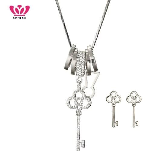 Crystal Key Pendant Necklaces & Earrings Set for Women Fashion Jewelry Gold Color Multi Circles Charms Long Chain Necklace Gift