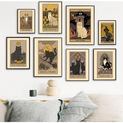 Funny Halloween Wall Art Pictures Vintage Canvas Painting Knight of Wands Cat Lover Gifts Posters and Prints Bedroom Home Decor