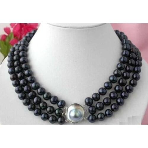 New 3 ROW 8-9MM BLACK TAHITIAN PEARL NECKLACE 17-19INCH SHELL CLASP