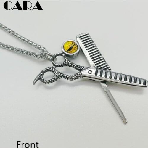 New Blue stone Barber scissors comb necklace pendant 316L stainless steel devil eye Scissors&Comb barber necklace CARA0459