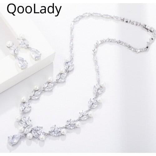 QooLady Fashion Dangle Drop Leaf CZ Flower Simulated Pearl Necklace Earrings Sweet Bridal Wedding Jewelry Sets for Women S065
